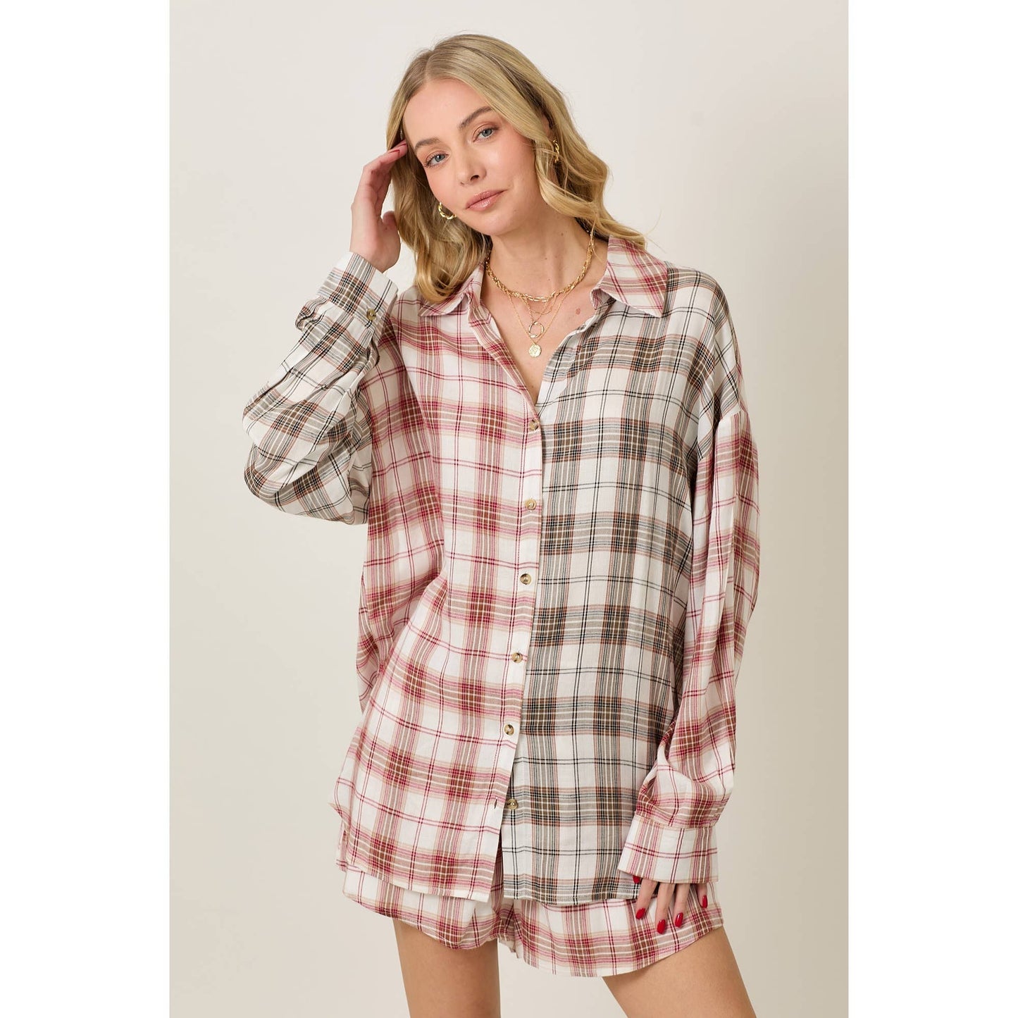 Rayon Plaid Long Sleeve Button Down And Shorts Set