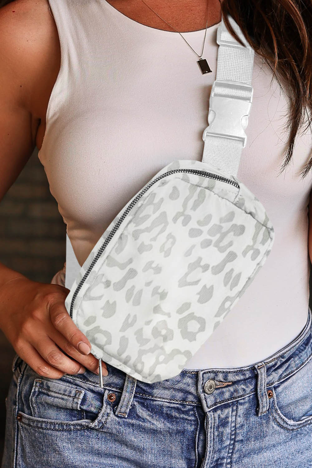 White Leopard Print Buckle Chest Bag