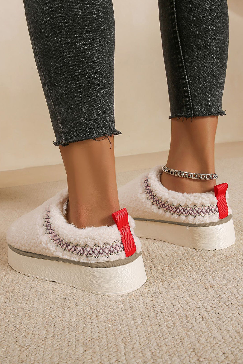 White Embroidered Sherpa Plush Thick Sole Slippers