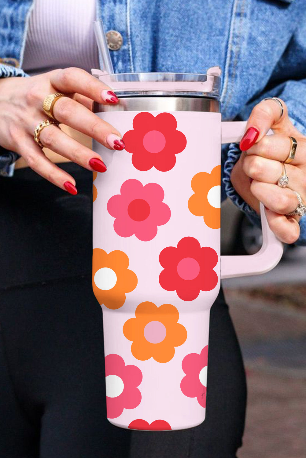 Multicolor Flower Print Handled Stainless Steel Cup 40oz