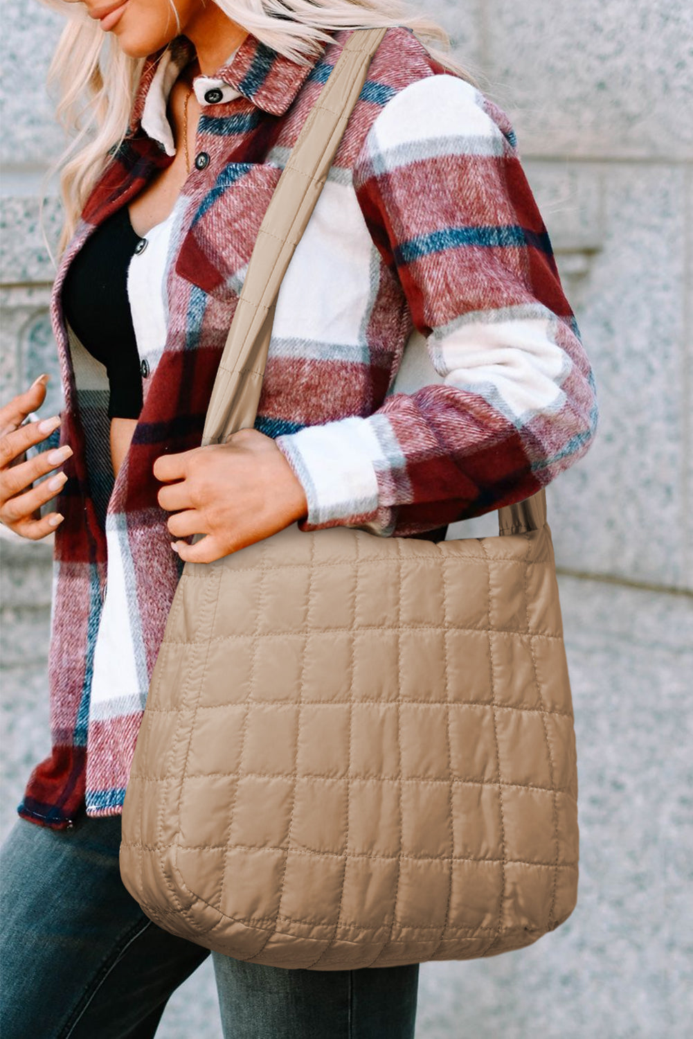 Light Beige Quilted Zipper Large Shoulder Bag