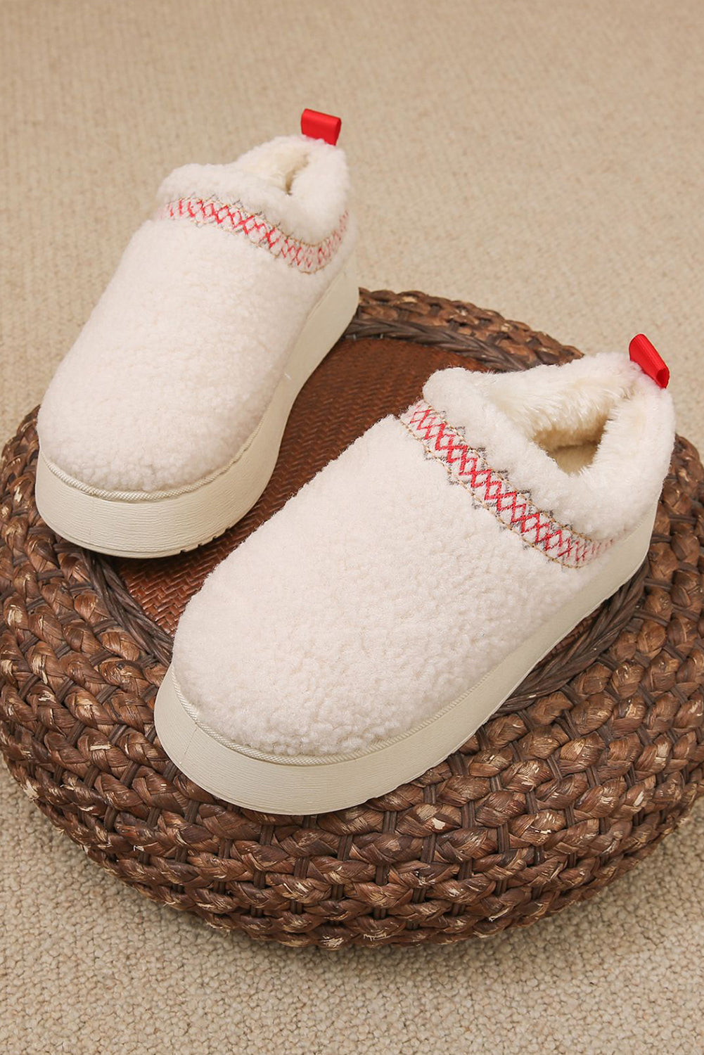 White Embroidered Sherpa Plush Thick Sole Slippers