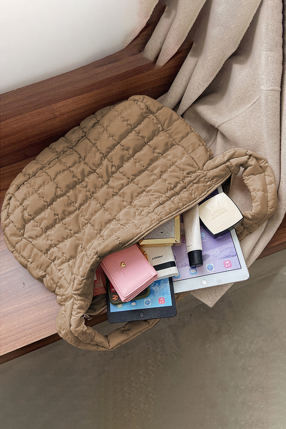 Light Beige Quilted Zipper Large Shoulder Bag