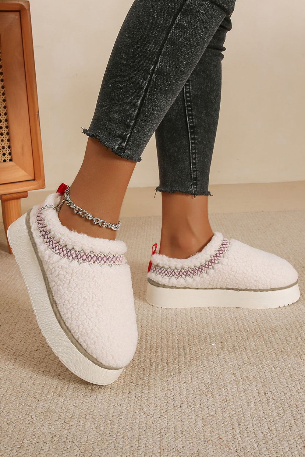 White Embroidered Sherpa Plush Thick Sole Slippers