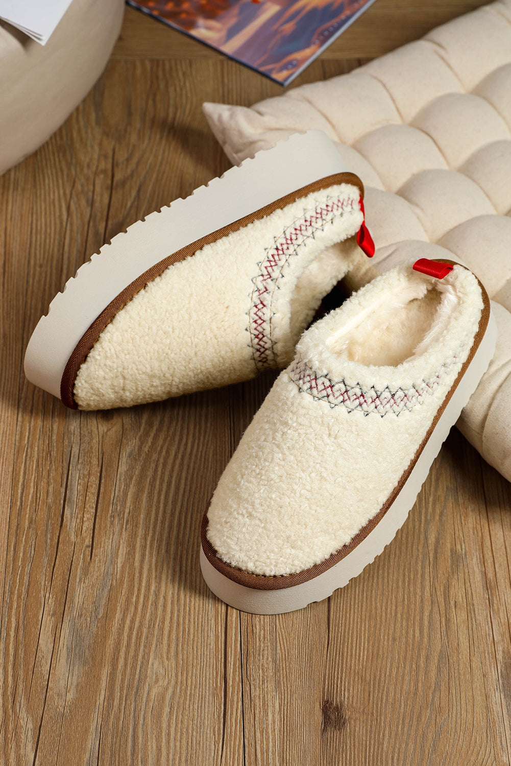 White Embroidered Sherpa Plush Thick Sole Slippers