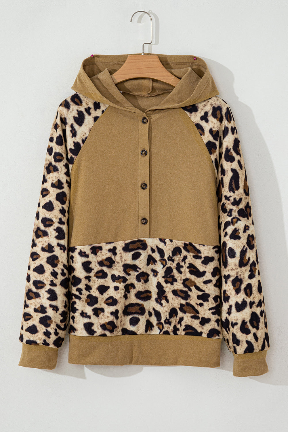Light Beige Leopard Print Patchwork Half Button Hoodie