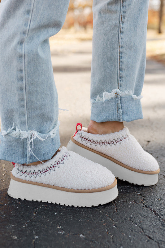 White Embroidered Sherpa Plush Thick Sole Slippers