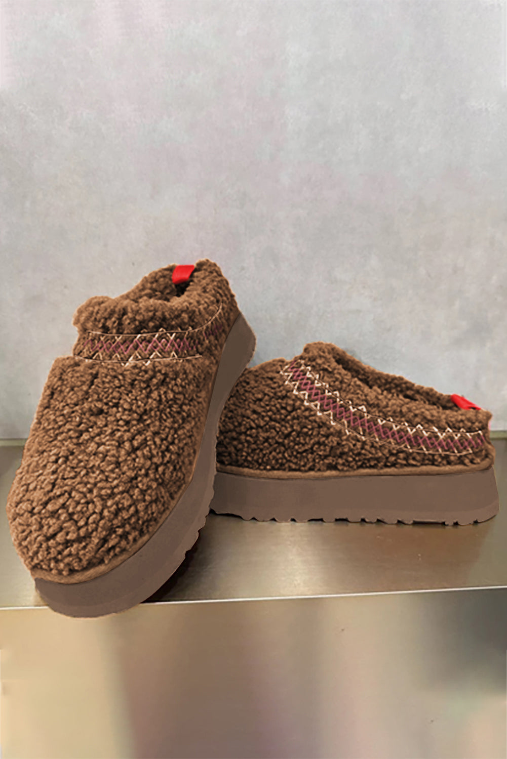 Chestnut Embroidered Sherpa Plush Thick Sole Slippers