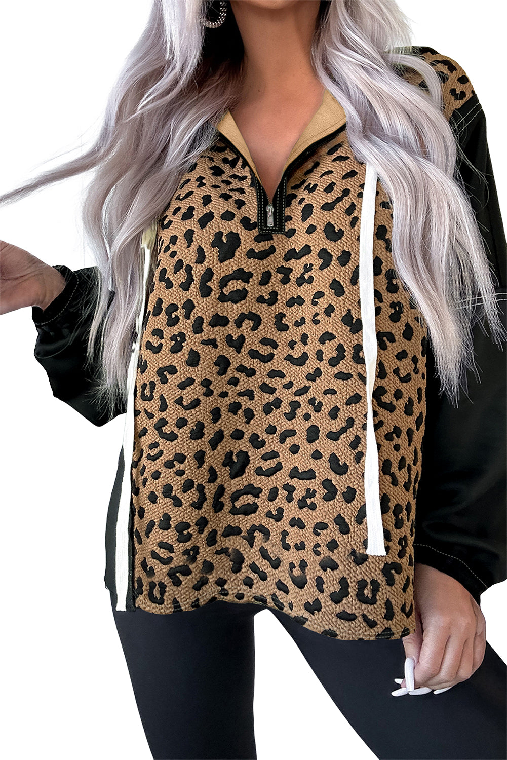 Brown Leopard Patchwork Knotted Cuff Zip Hoodie