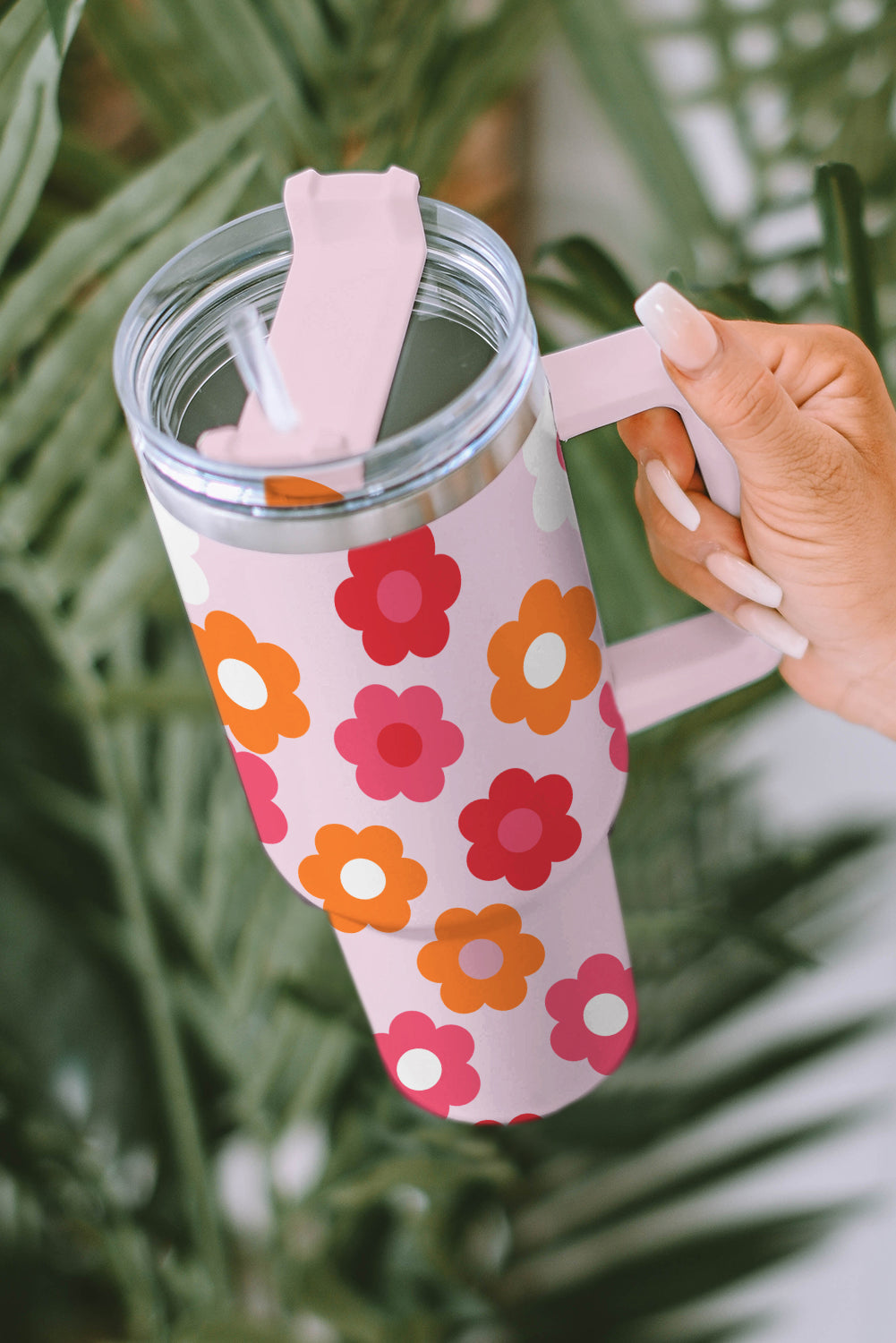 Multicolor Flower Print Handled Stainless Steel Cup 40oz