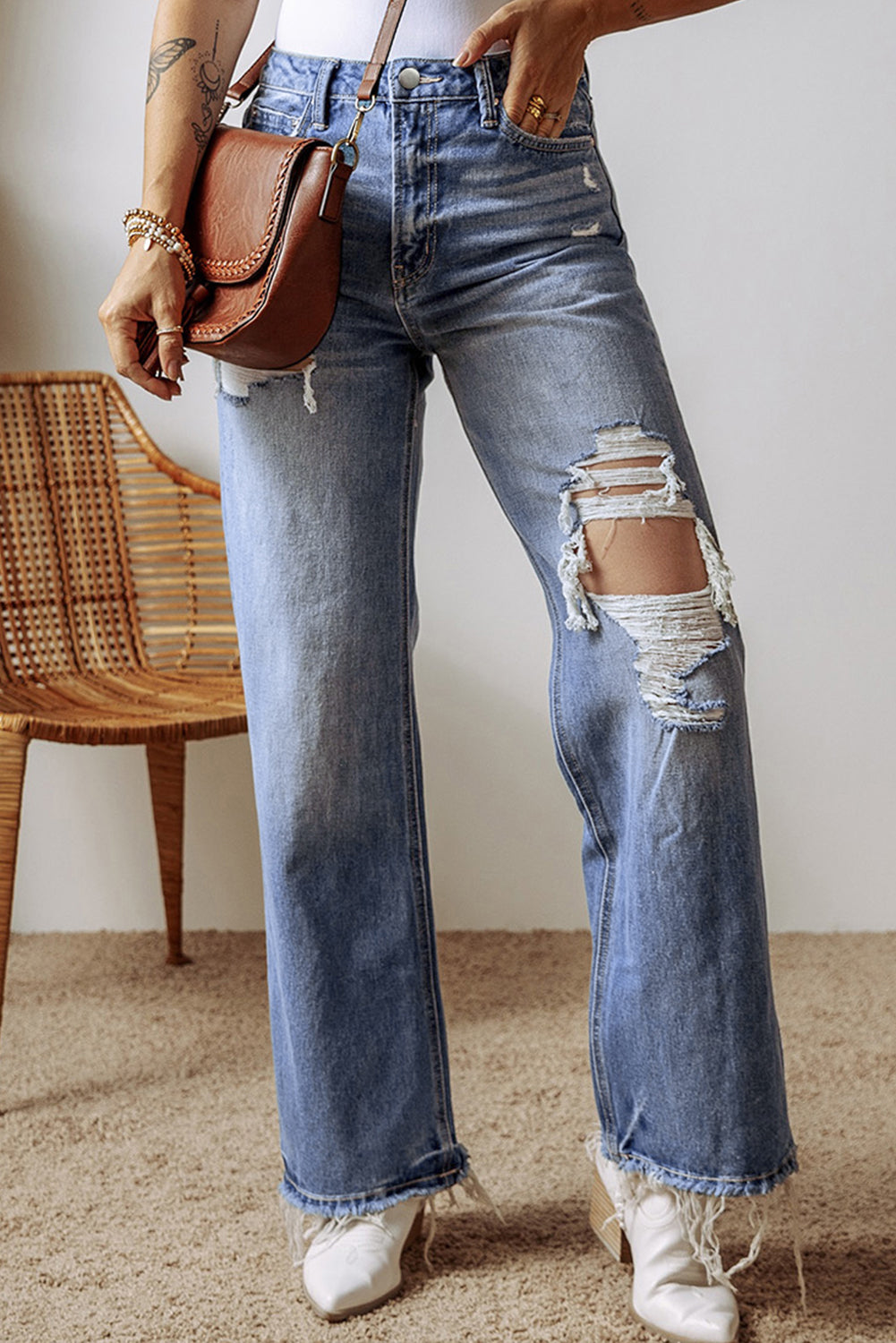 Blue Distressed Straight Leg High Waist Jeans