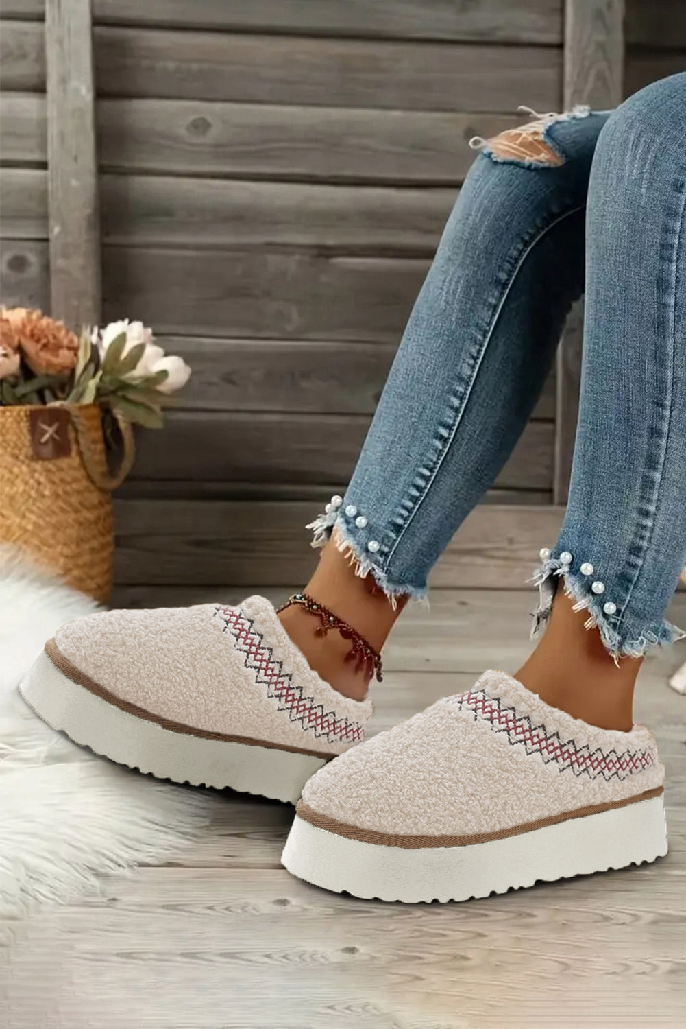 White Embroidered Sherpa Plush Thick Sole Slippers