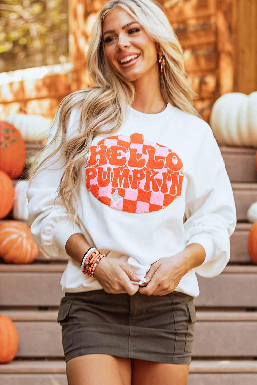 White Halloween Pumpkin Patched Sweatshirt
