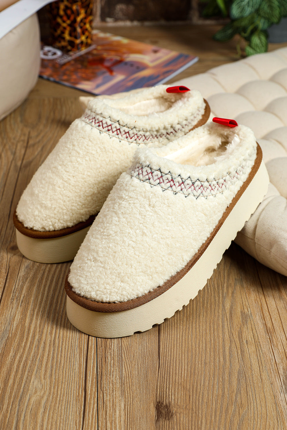 White Embroidered Sherpa Plush Thick Sole Slippers