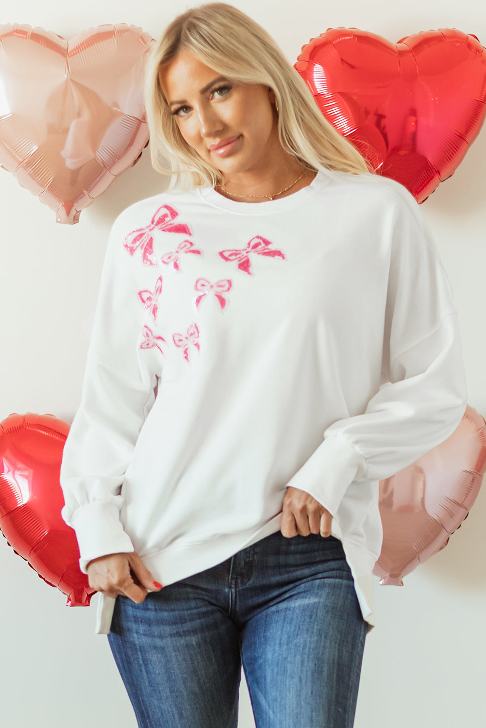 White Bowknot High Low Oversize Sweatshirt