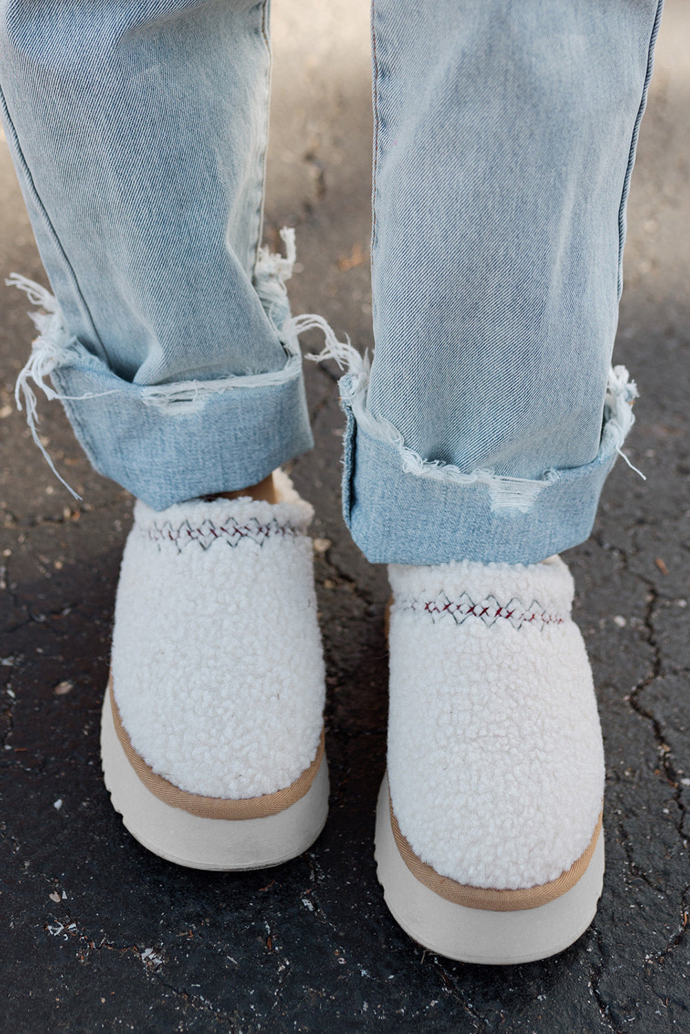 White Embroidered Sherpa Plush Thick Sole Slippers