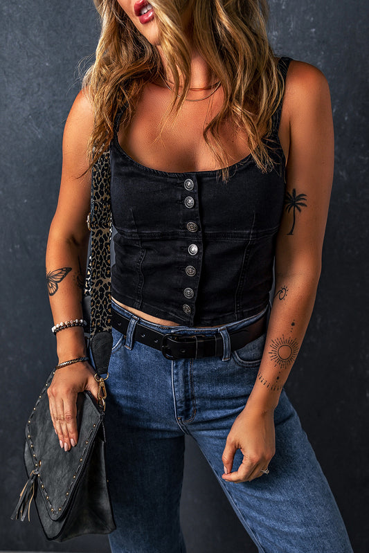 Black Acid Wash Buttoned Cropped Denim Tank Top