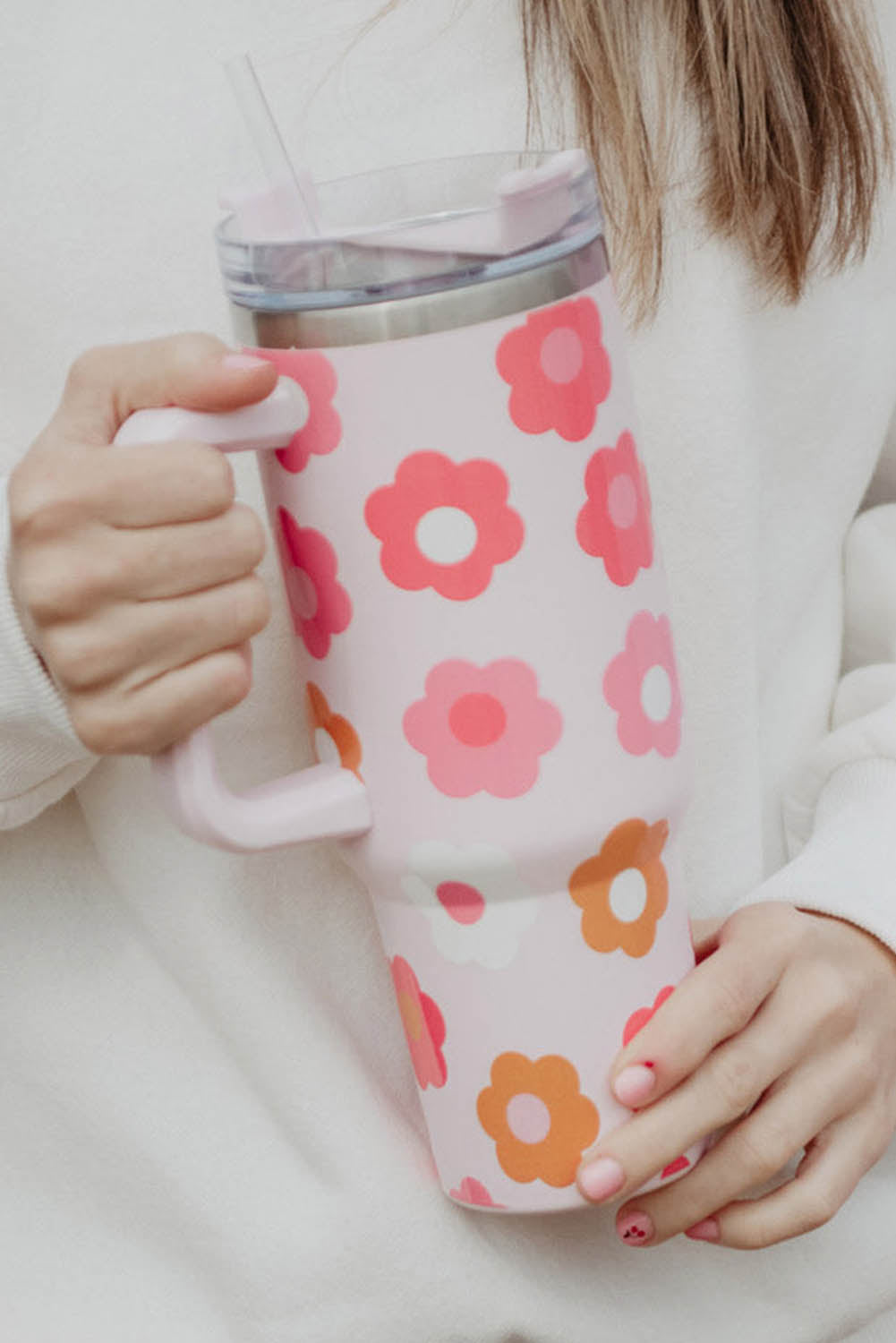 Multicolor Flower Print Handled Stainless Steel Cup 40oz