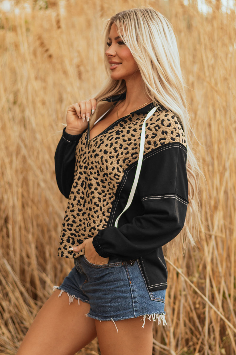 Brown Leopard Patchwork Knotted Cuff Zip Hoodie