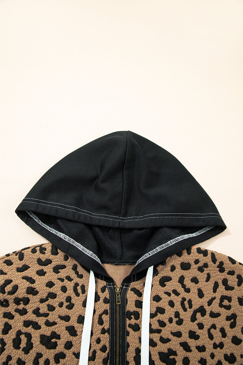 Brown Leopard Patchwork Knotted Cuff Zip Hoodie