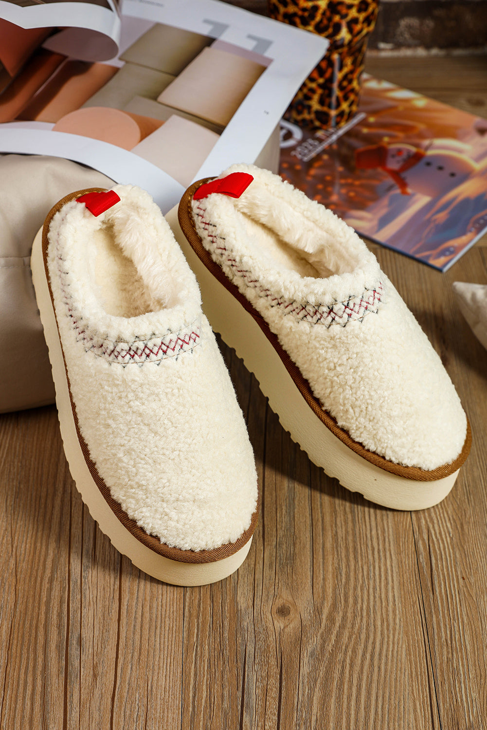 White Embroidered Sherpa Plush Thick Sole Slippers