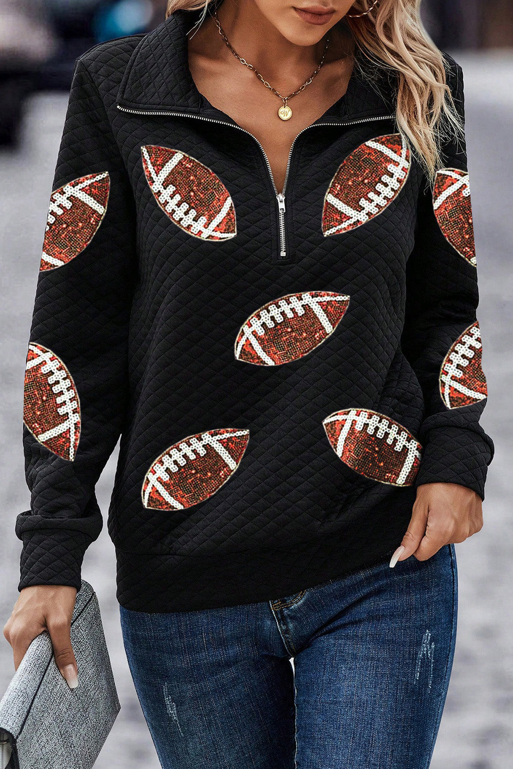 Black Football Patched Quarter Zip Sweatshirt