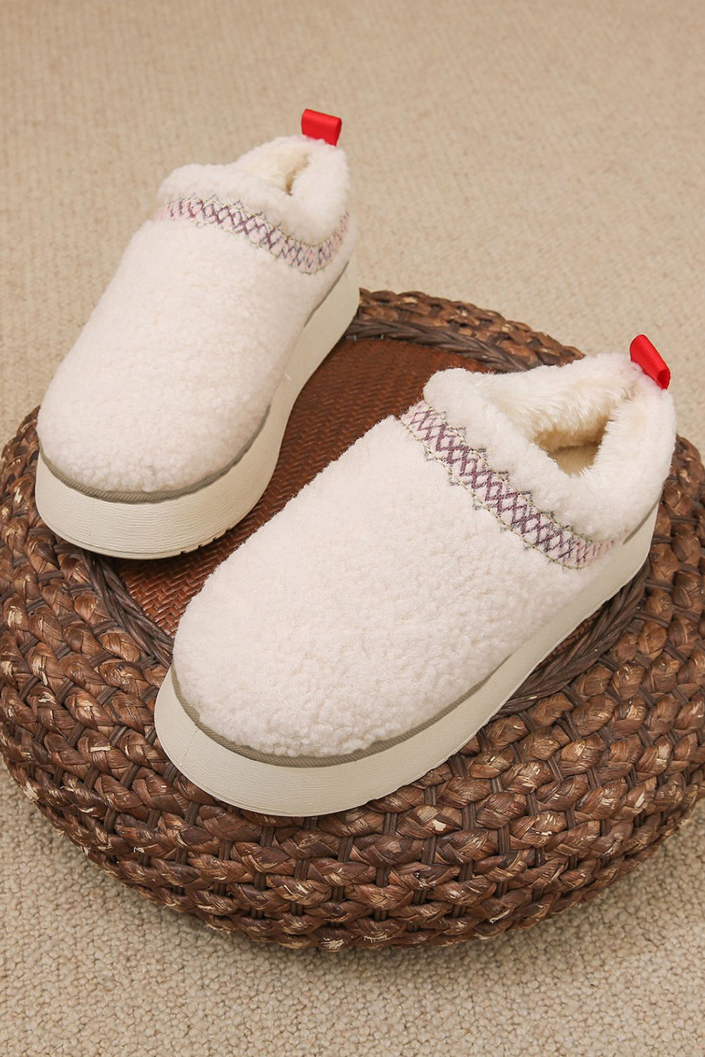 White Embroidered Sherpa Plush Thick Sole Slippers