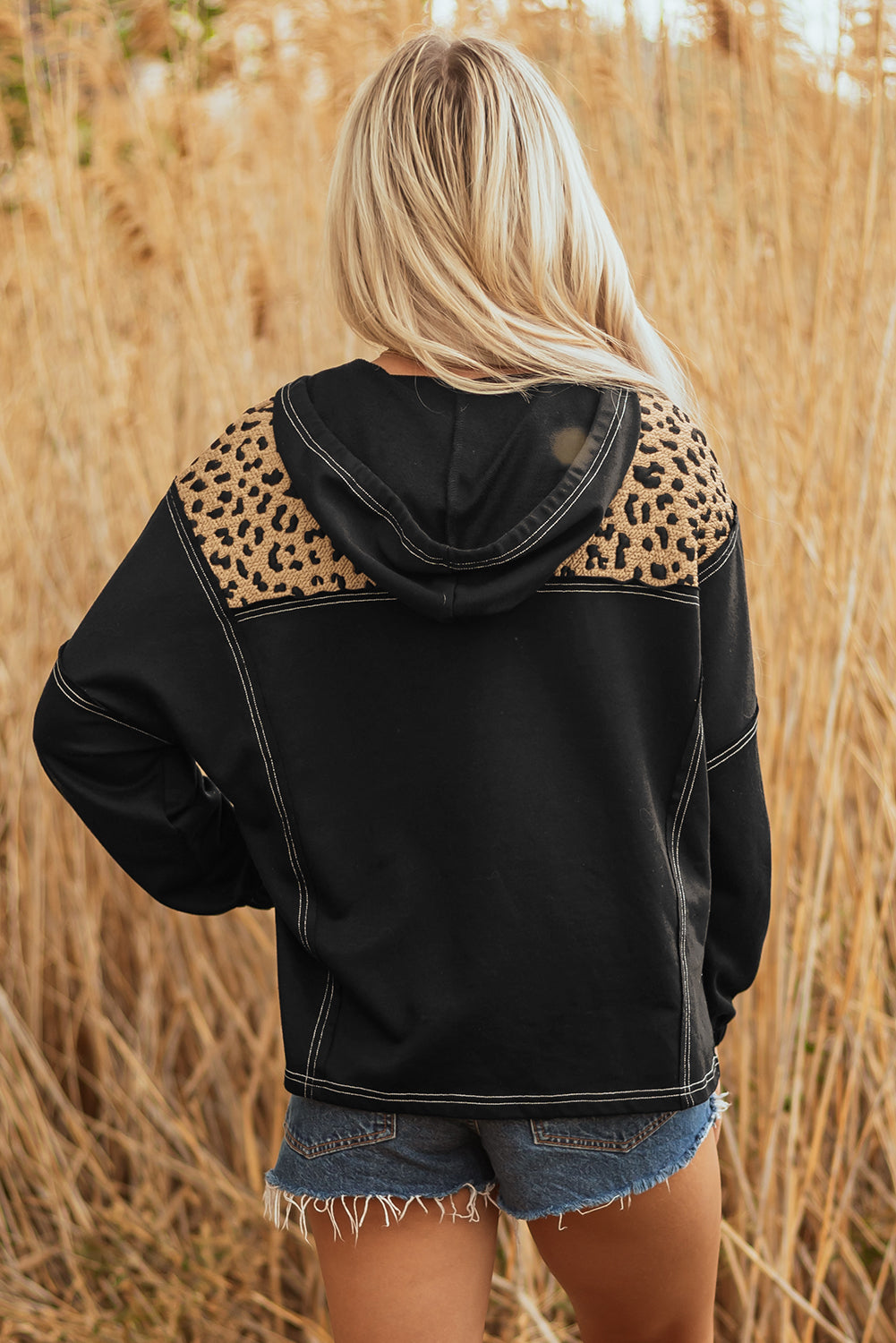Brown Leopard Patchwork Knotted Cuff Zip Hoodie