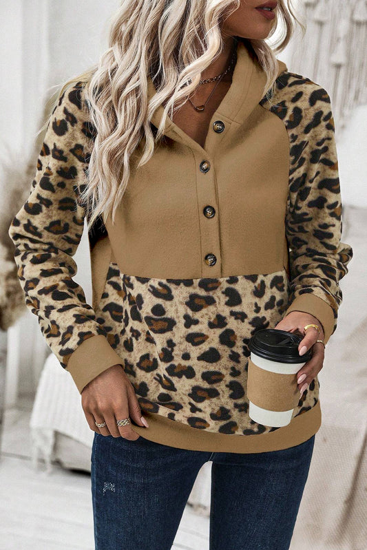 Light Beige Leopard Print Patchwork Half Button Hoodie