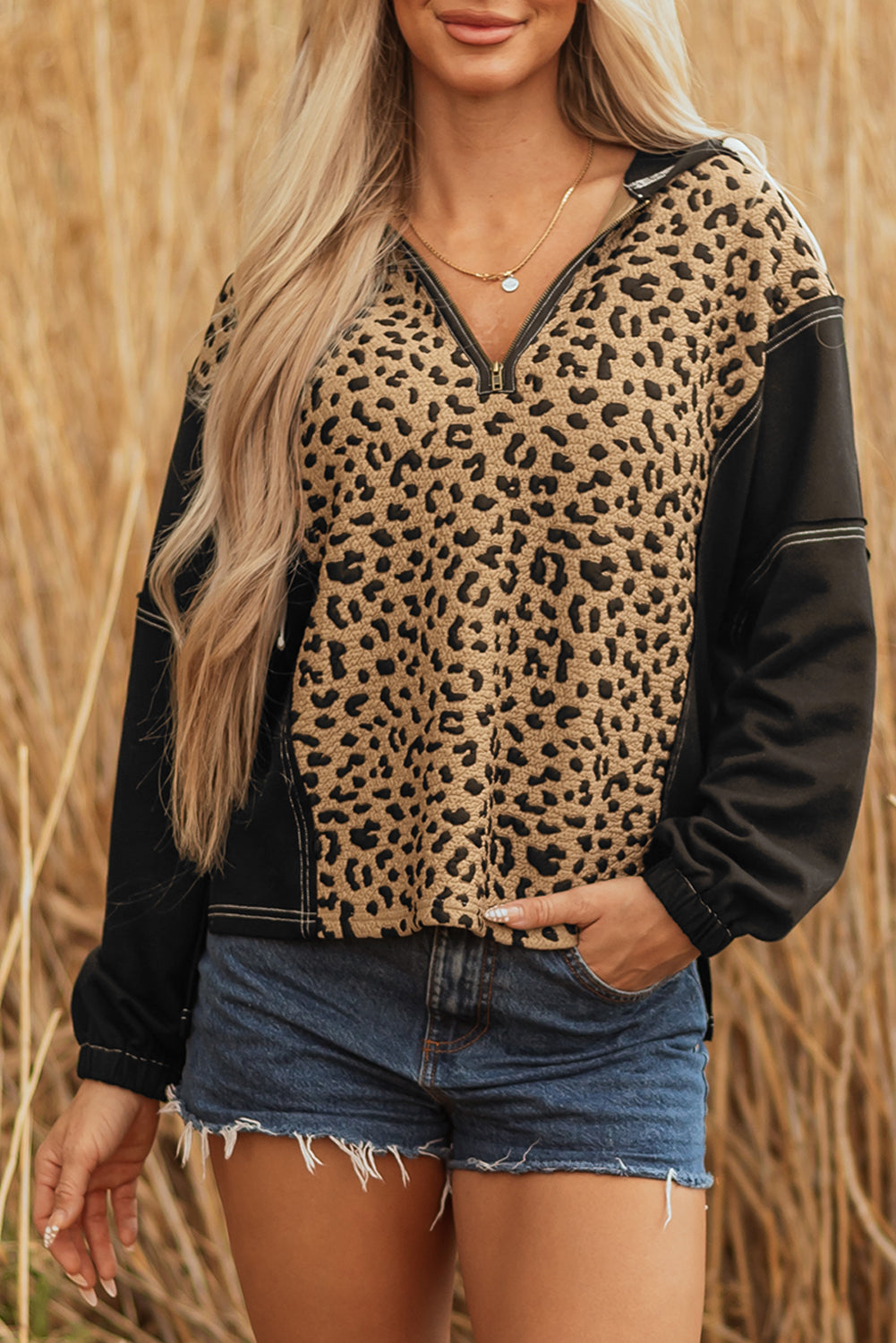 Brown Leopard Patchwork Knotted Cuff Zip Hoodie