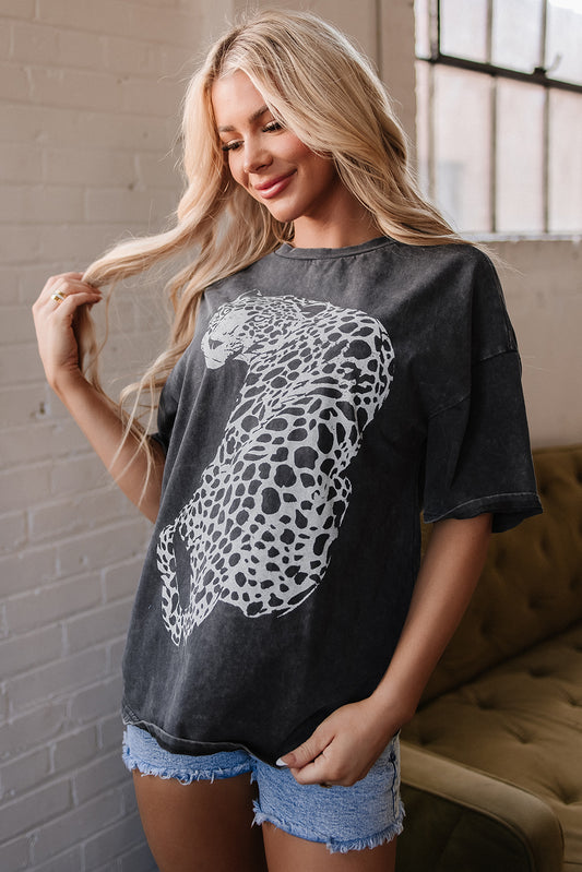 Grey Vintage Cheetah Printed Mineral Wash Graphic Tee