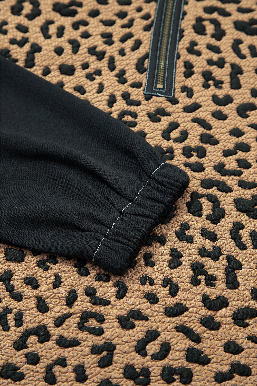 Brown Leopard Patchwork Knotted Cuff Zip Hoodie