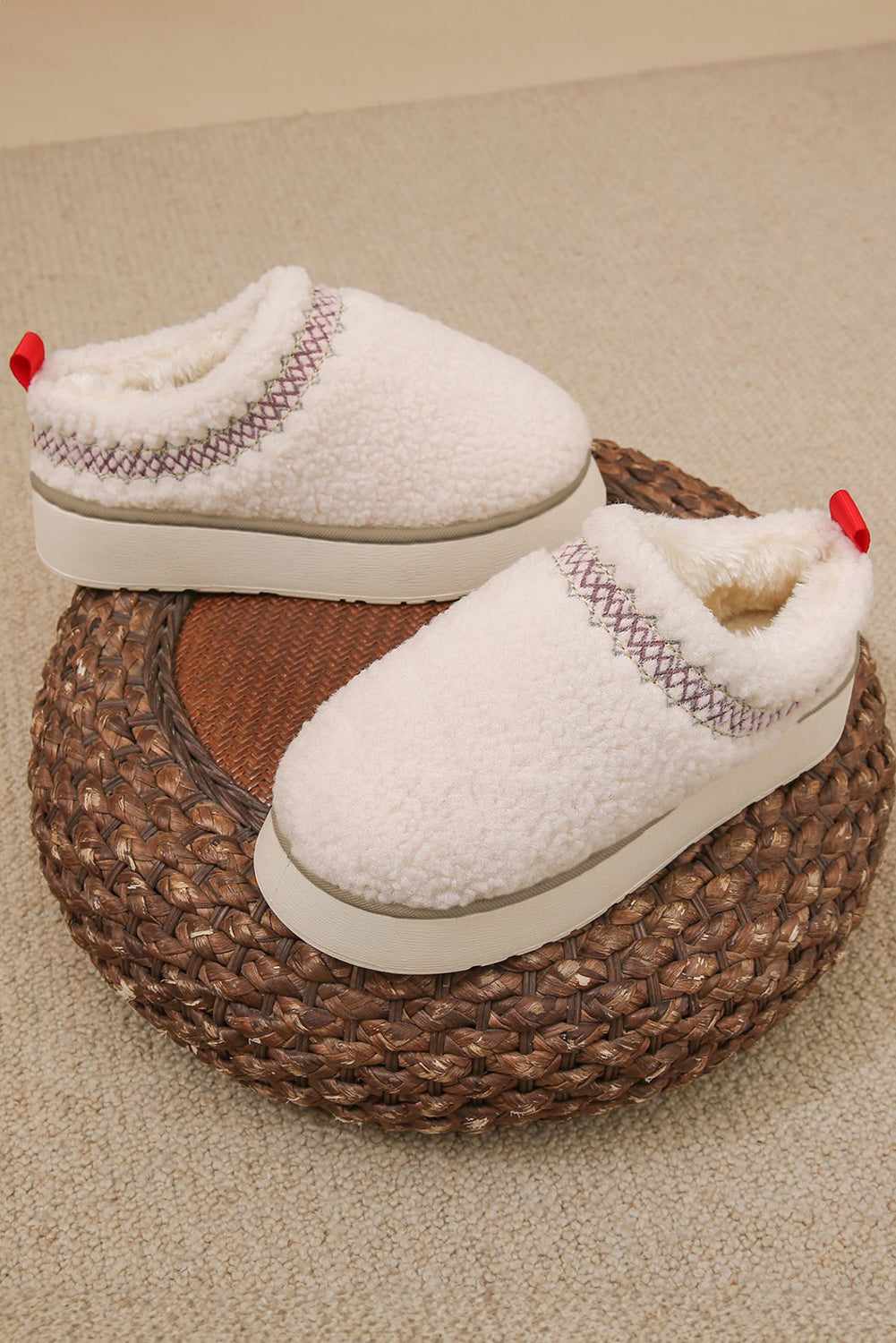 White Embroidered Sherpa Plush Thick Sole Slippers