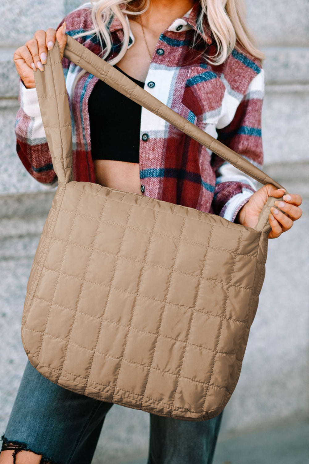 Light Beige Quilted Zipper Large Shoulder Bag