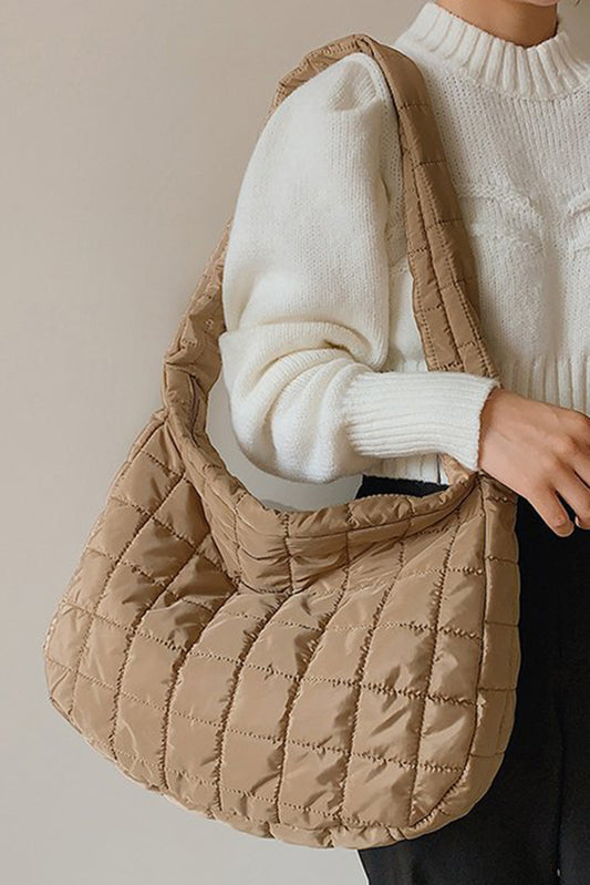 Light Beige Quilted Zipper Large Shoulder Bag