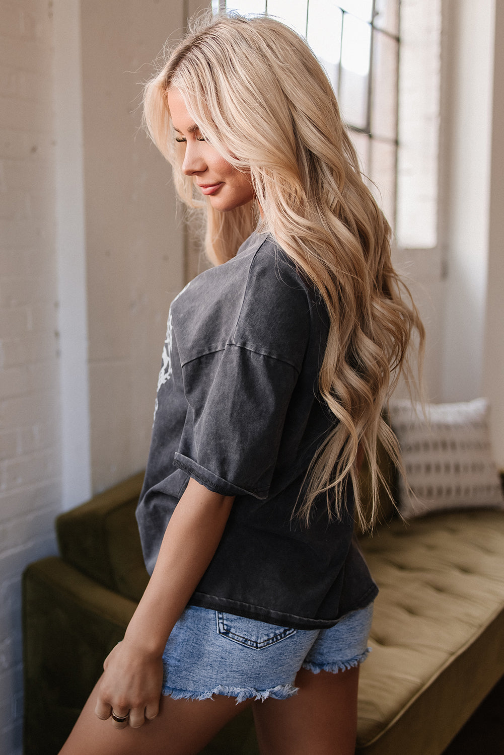 Grey Vintage Cheetah Printed Mineral Wash Graphic Tee