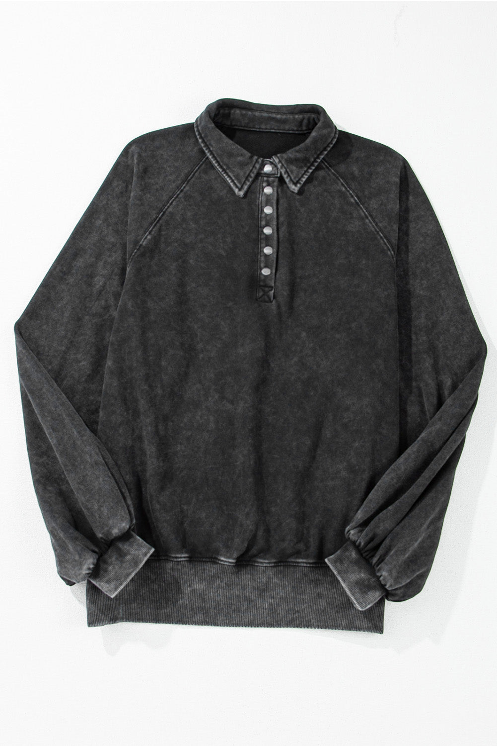 Black Solid Snap Buttons Collared Oversized Sweatshirt