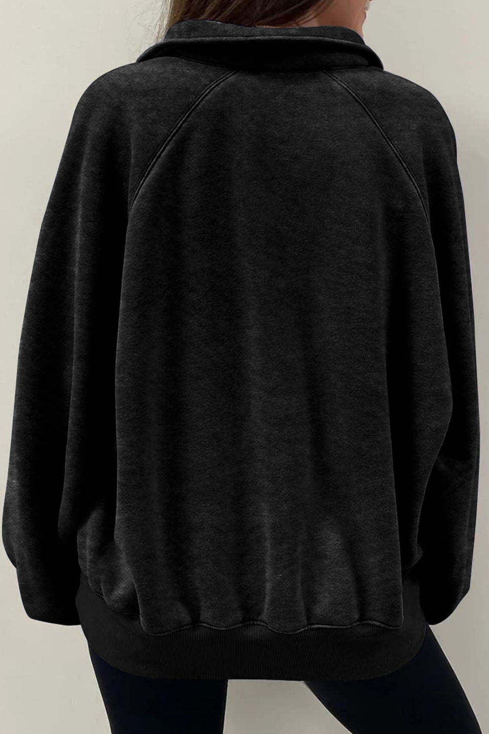Black Solid Snap Buttons Collared Oversized Sweatshirt