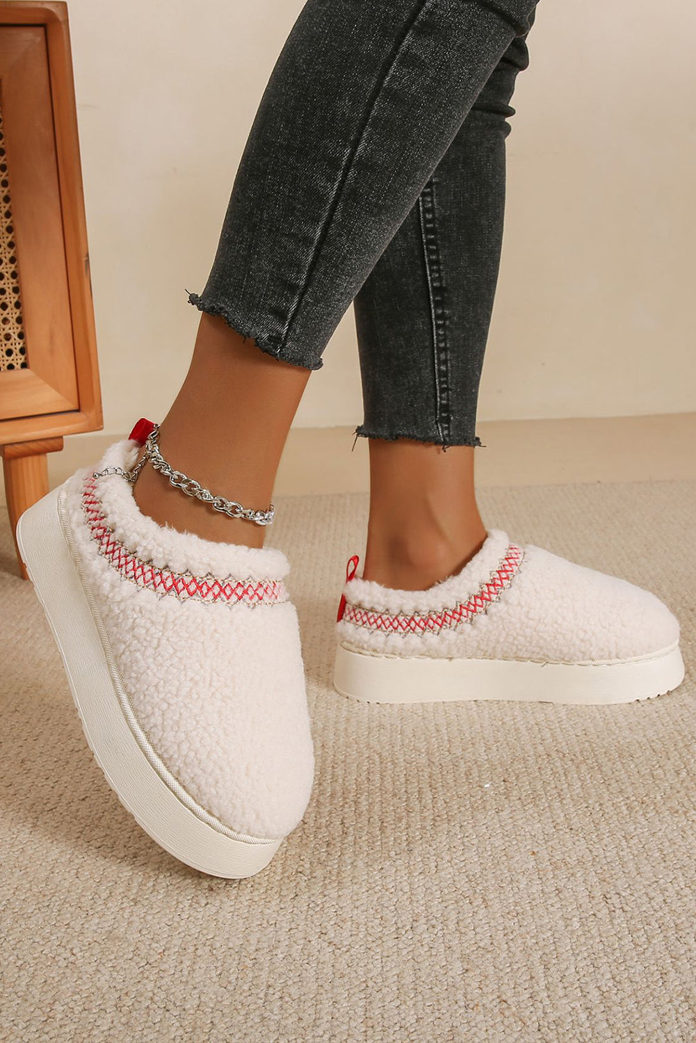 White Embroidered Sherpa Plush Thick Sole Slippers