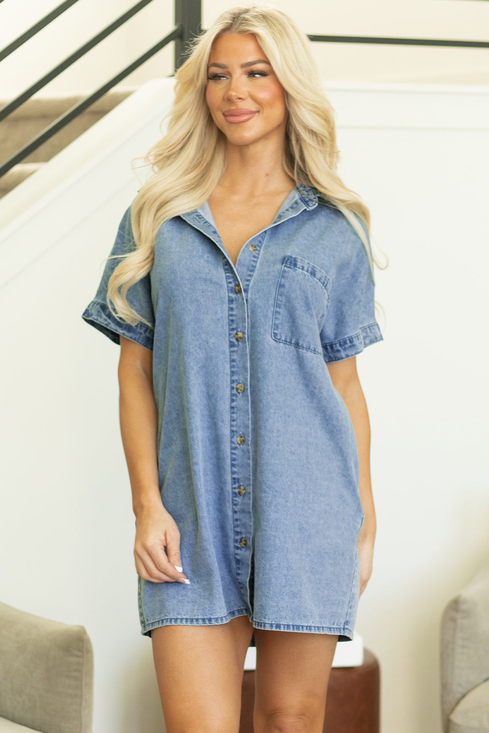 Dusk Blue Short Sleeve Pocketed Button up Denim Dress