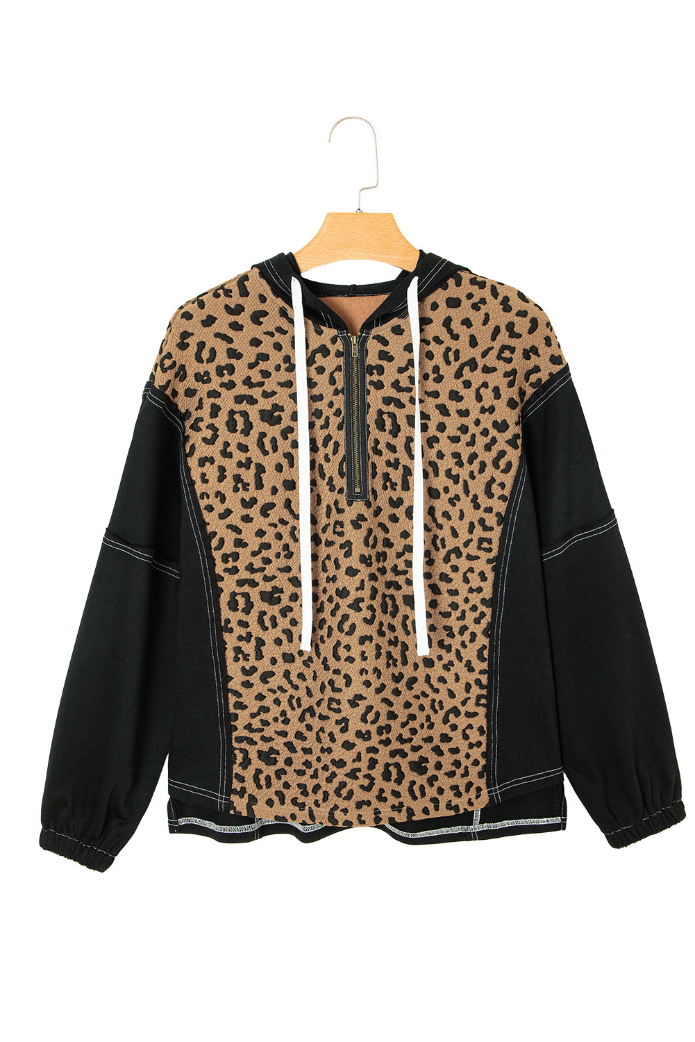 Brown Leopard Patchwork Knotted Cuff Zip Hoodie