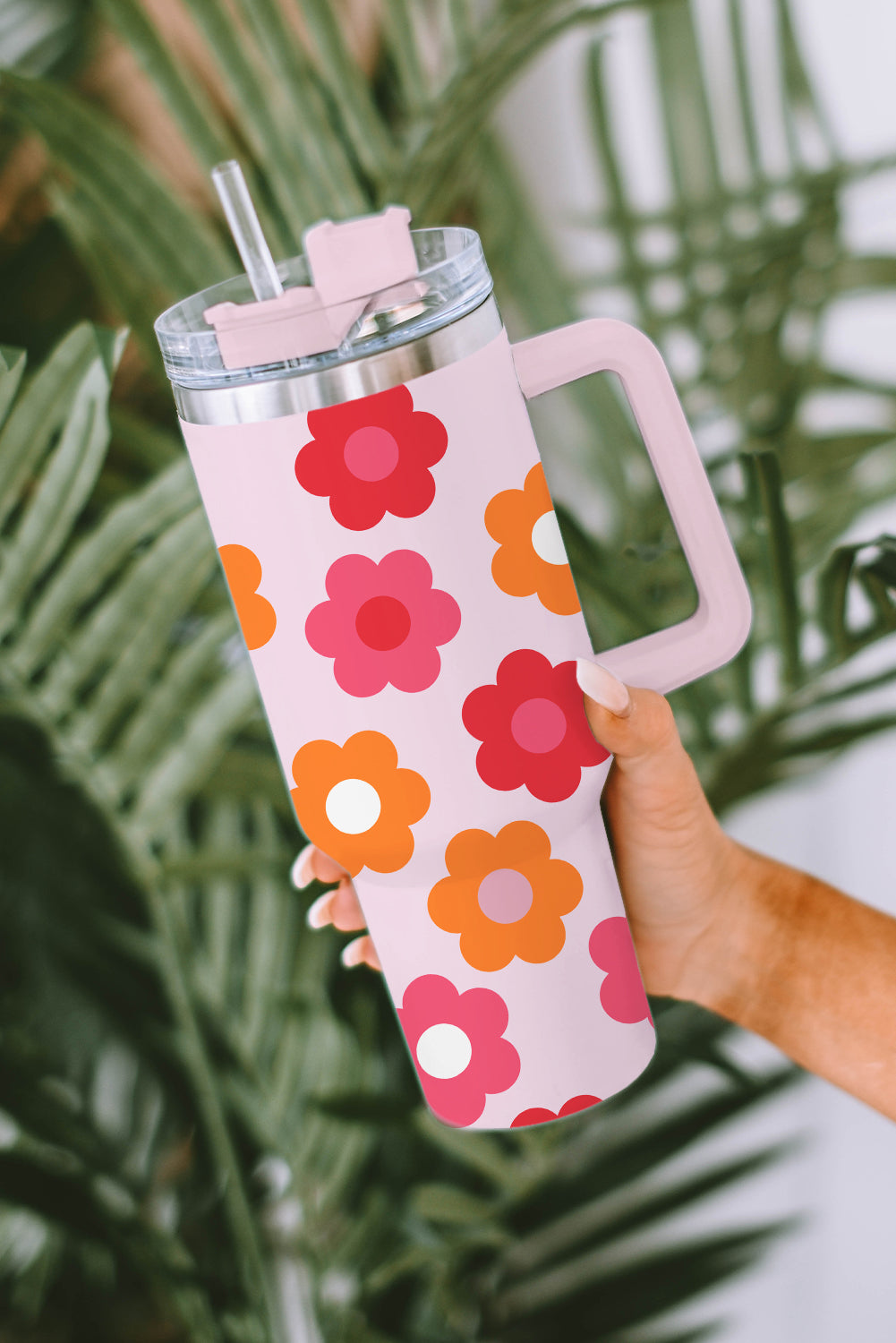 Multicolor Flower Print Handled Stainless Steel Cup 40oz