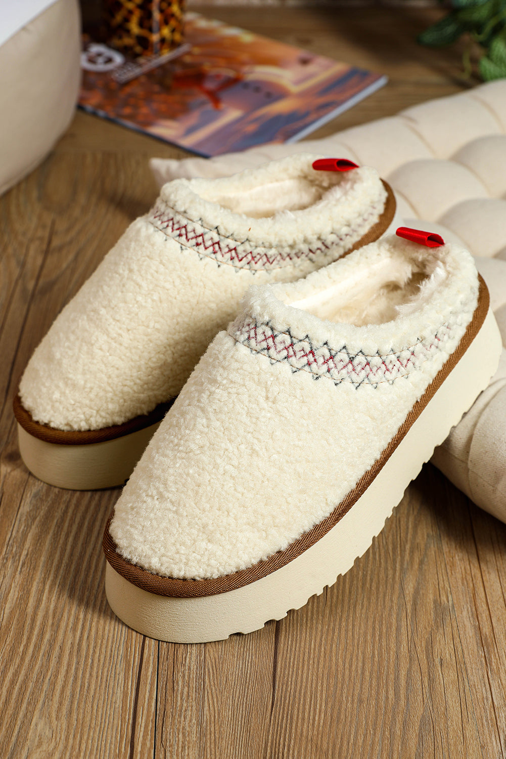 White Embroidered Sherpa Plush Thick Sole Slippers