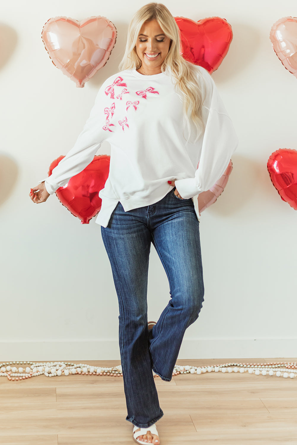 White Bowknot High Low Oversize Sweatshirt