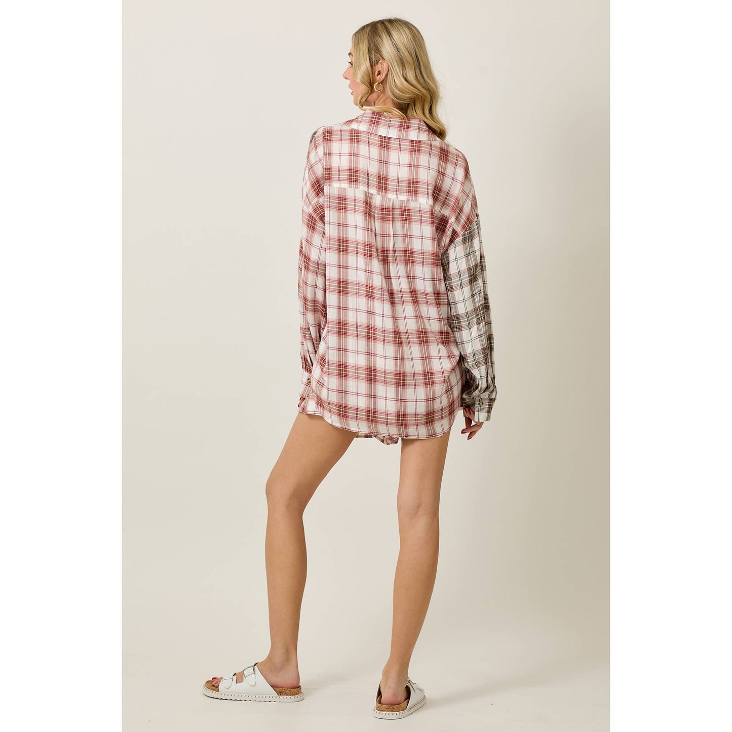 Rayon Plaid Long Sleeve Button Down And Shorts Set