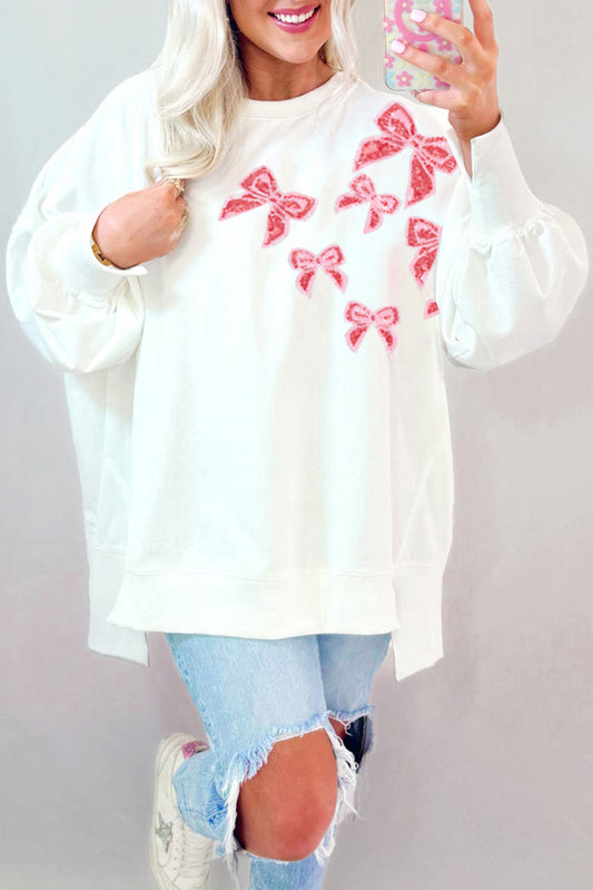 White Bowknot High Low Oversize Sweatshirt