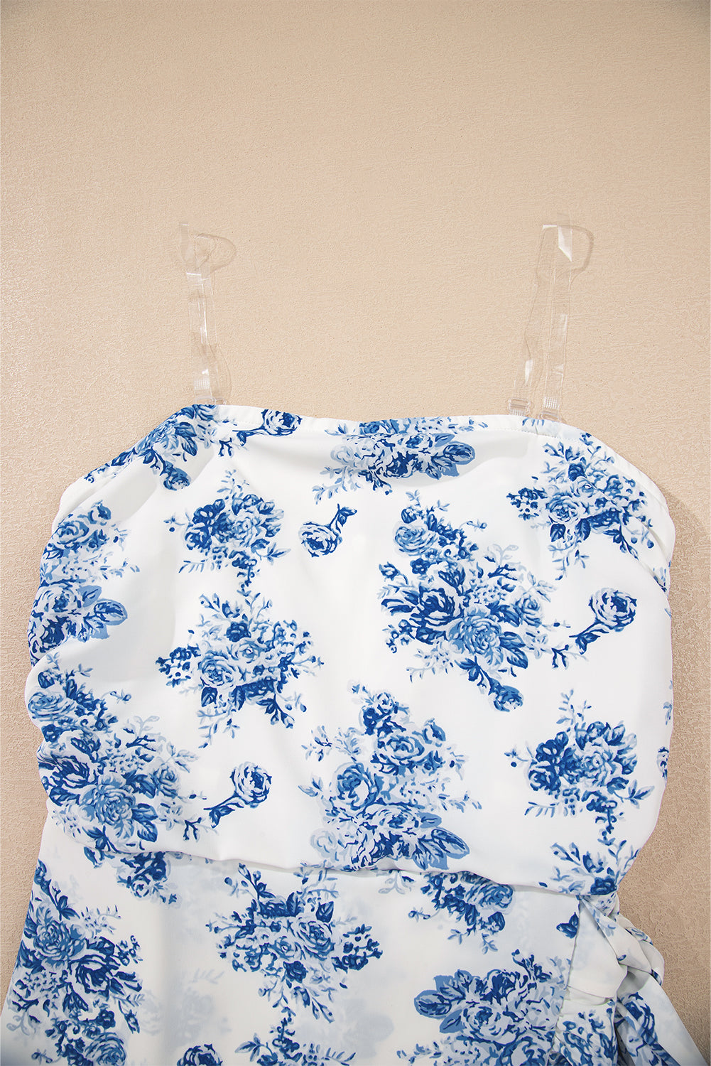 Sky Blue Floral Print Strapless Zipped Back Romper
