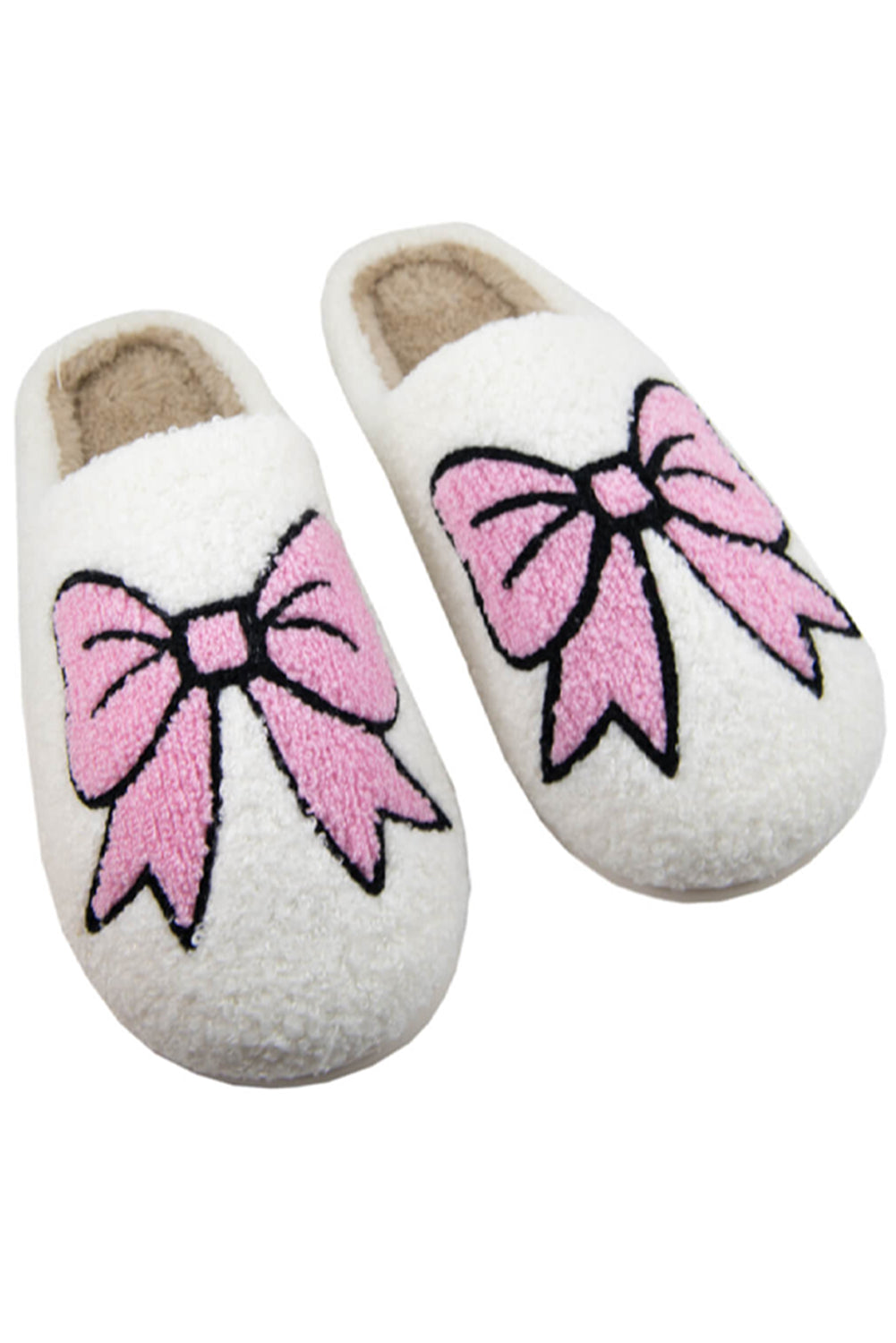 White Bowknot Pattern Fuzzy Slippers