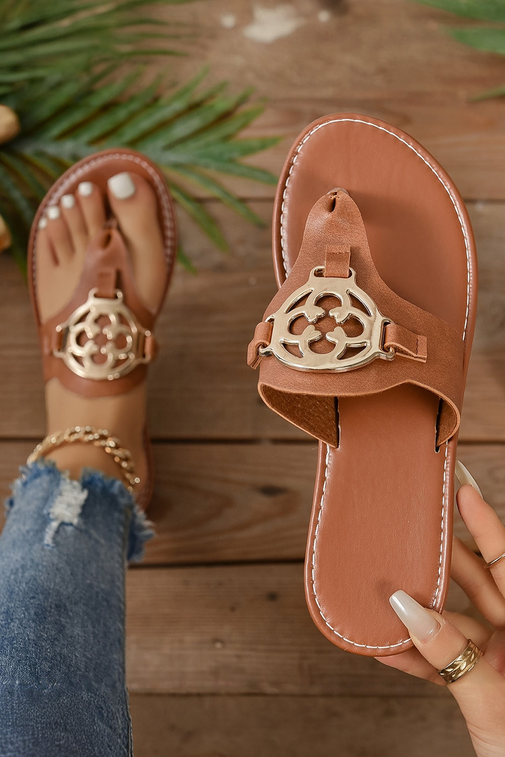 Chestnut Metal Decor Leather Slippers