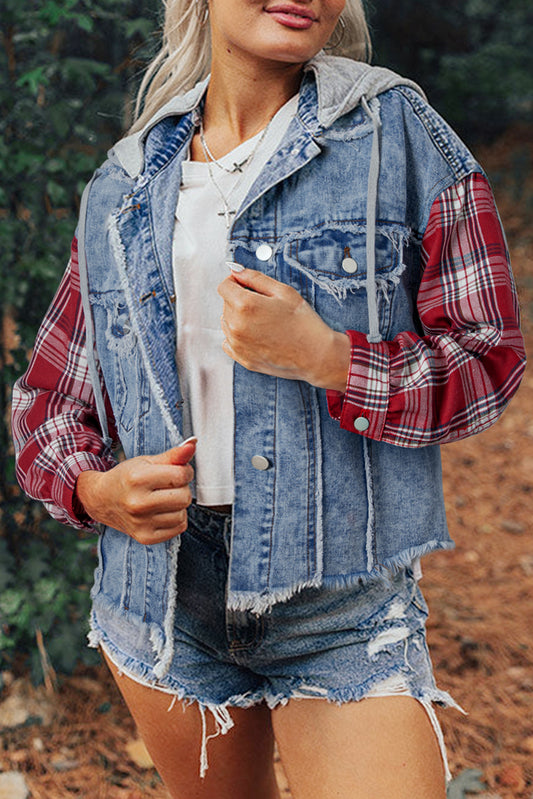 Beau Blue Plaid Print Patchwork Hooded Denim Jacket